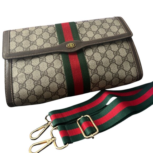 Vintage Gucci  GG Monogram Sherry Line Green & Red Canvas/Leather Clutch Bag - Picture 2 of 10
